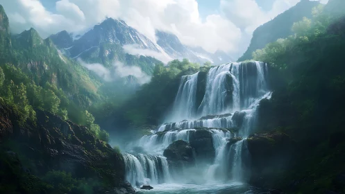 Tiered alpine waterfall with volumetric mist and soft global lighting