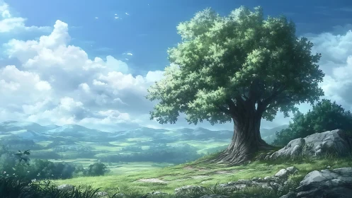 Sunlit hilltop tree welcomes quiet views of distant valleys