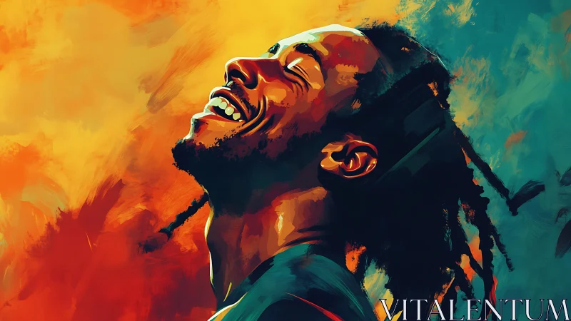 Joyful portrait in blazing orange and teal brushstrokes.