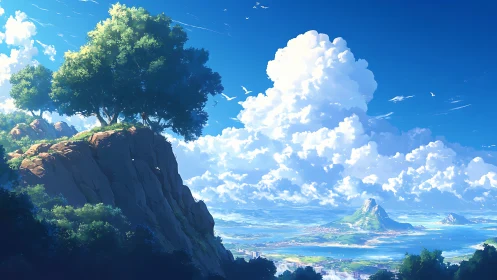 Sunlit coastal cliff and distant island under towering cumulus