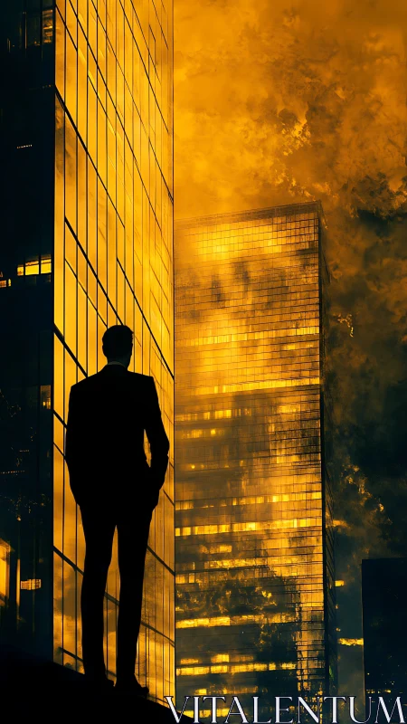 Silhouetted figure overlooking burning skyscraper at dusk