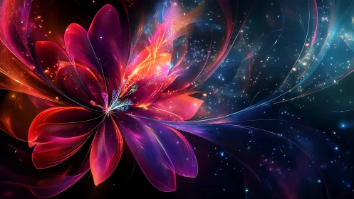 Digital abstract floral form expands across a starfield