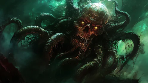 Tentacled skull entity occupies central frame in green mist