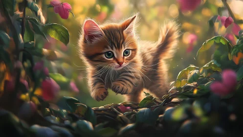 Kitten in Garden with Pink Flowers.