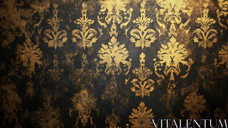 Baroque gold damask pattern over distressed dark ground.