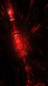 Red digital tunnel core with glowing abstract light field.
