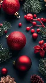 Crimson Christmas ornaments with evergreen foliage on slate.