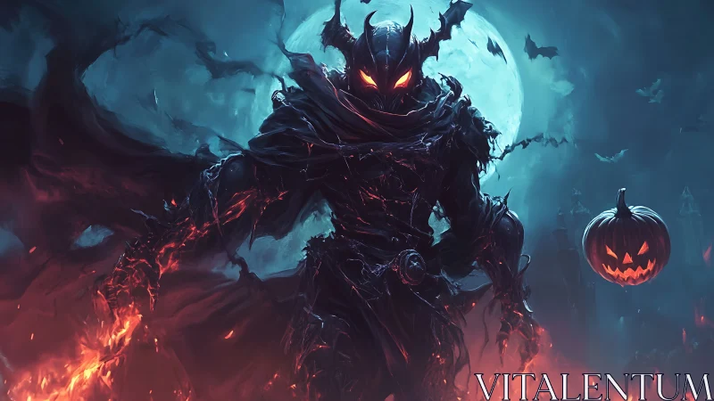 Hellfire wraith stalks moonlit Halloween battleground.