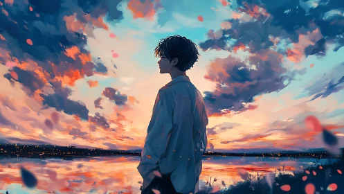 Digital painting portrait against luminous sunset skyfield.