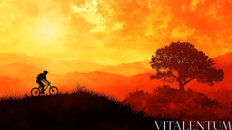 Cyclist silhouette on ridge against layered orange sky.