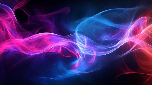 Curved neon light trails cross over a dark background