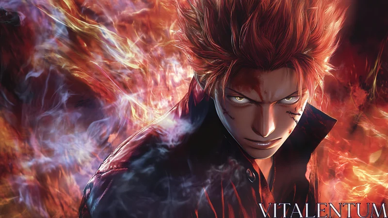 Red haired anime figure amid dense red and orange flames.