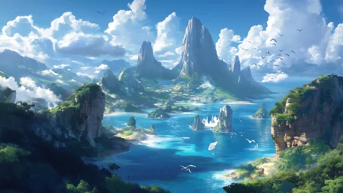 Terrestrial landscape with towering rock formations and open water