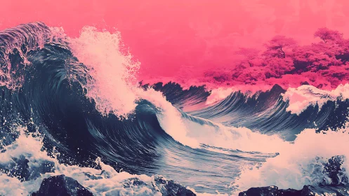Crimson sky crowns teal waves in hyperreal coastal storm.