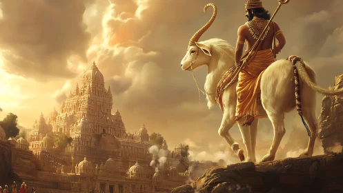 Epic mythic rider before sunlit temple citadel in Digital painting.