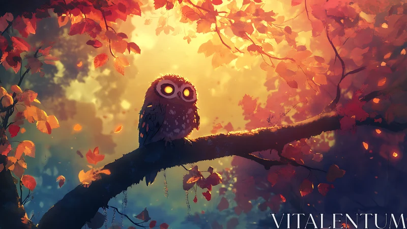 Enchanted Owl on Autumn Branch in Magical Forest Digital Art.
