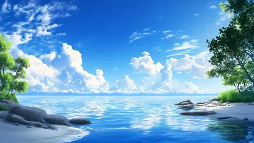 Calm tropical shoreline rests beneath radiant summer skies