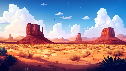 Sunlit mesas stand guard beneath towering desert clouds.