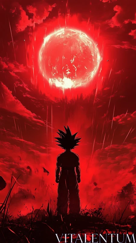 Silhouetted warrior under erupting crimson celestial sphere