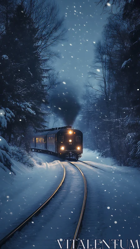 Winter night train winding through a quiet snowy forest.