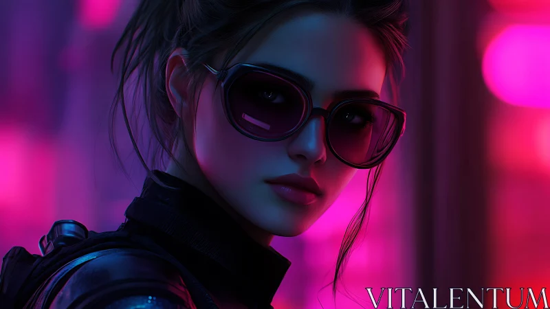 Woman in dark clothing with sunglasses in neon lighting.