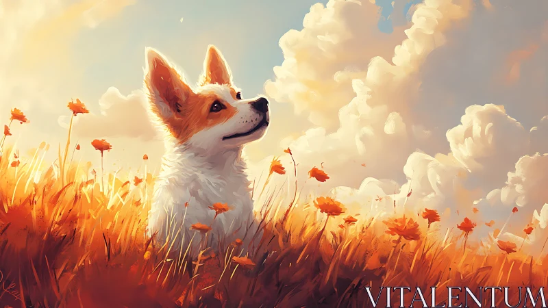 Corgi gazes across golden flower field under glowing clouds