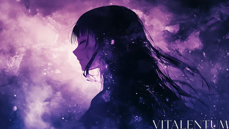 Ethereal anime girl drifts in cosmic violet nebula haze.