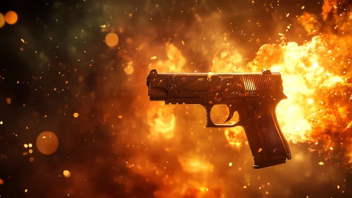 Pistol Engulfed in Flames Against Fiery Backdrop.