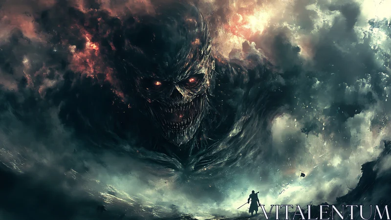 Colossal demonic storm looms over lone sword‑wielding hero.