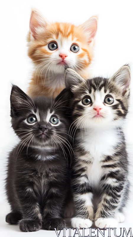 Three Kittens with Wide Eyes Against White Background.