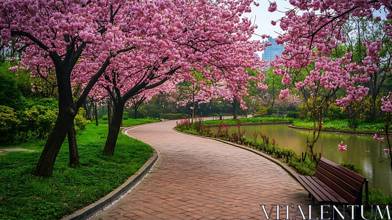 Blossoming riverside path inviting a peaceful spring stroll.