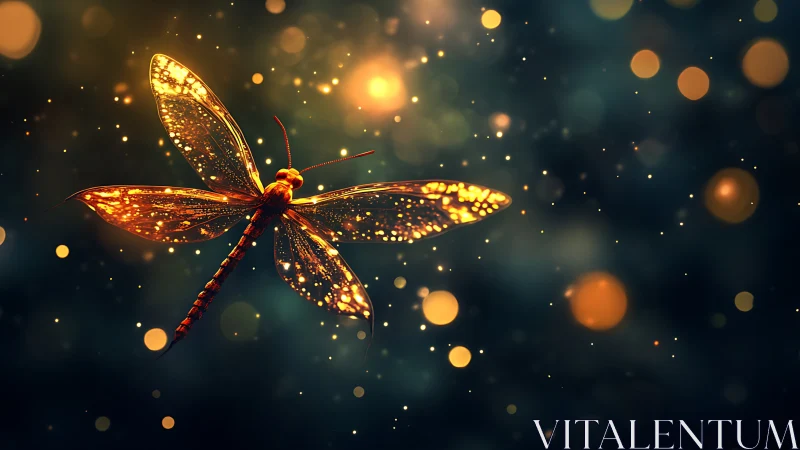 Golden-winged dragonfly drifting through dreamy night glow.