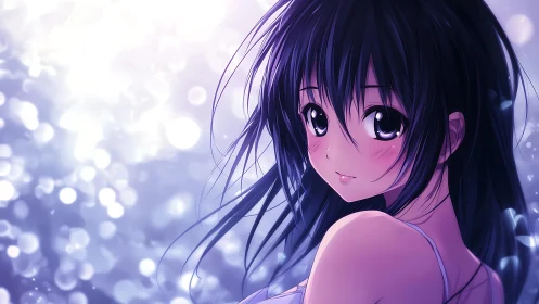 Anime girl glows under violet bokeh night lights.