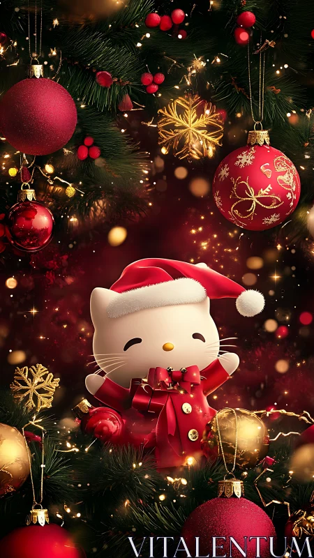 Jolly Santa-kitty nestled in glittering Christmas branches.