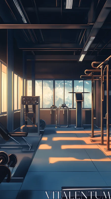 Empty indoor gym with strength machines at sunrise light.