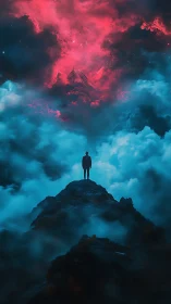 Stargazer on the ridge beneath a neon storm of cosmos.