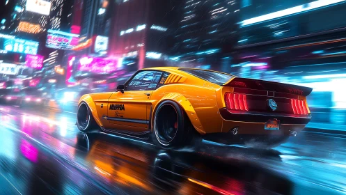 Orange muscle car speeds through neon city at night