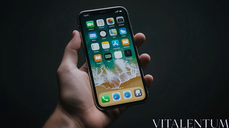 Hand holding iPhone with home screen and beach wallpaper