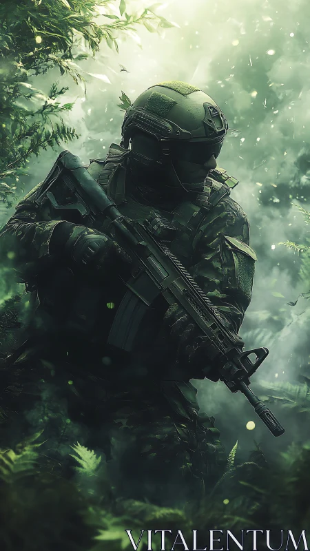 Armored commando advances through dense luminous jungle mist