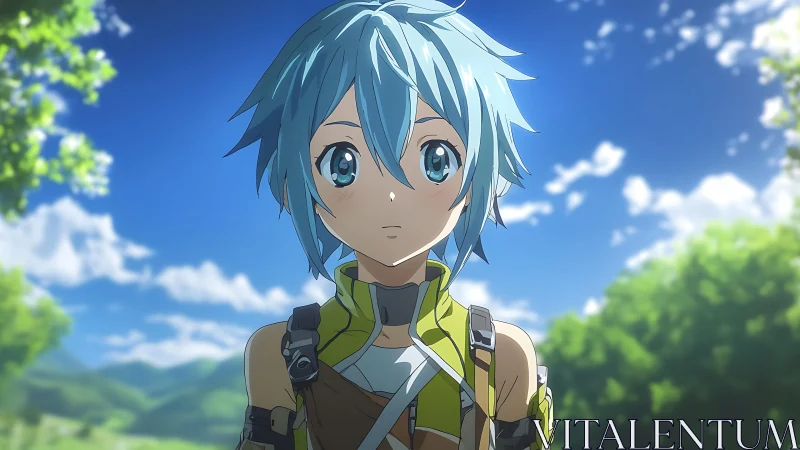 Gentle blue haired adventurer under a bright summer sky.