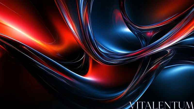 Liquid metallic ribbons stream through neon red and blue light.