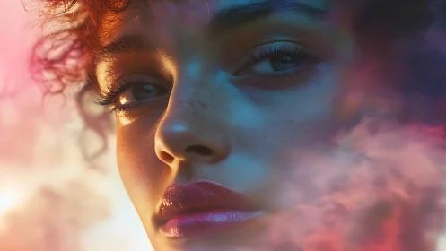Close-up portrait with colored volumetric fog and cinematic rim lighting