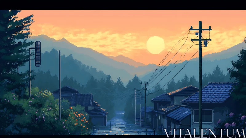 Pixel-rendered rural street recedes toward layered hills at sunset