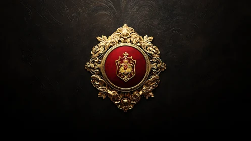 Ornate golden heraldic crest on deep red medallion.