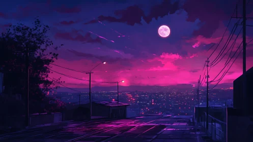 Urban hillside road overlooking neon-lit city at night.