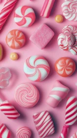 Pink Candy Flat Lay Composition. Sweets Arranged on Pink.