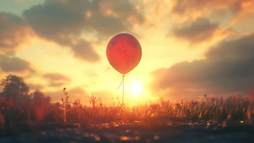 Red balloon over field against low sun at sunset.