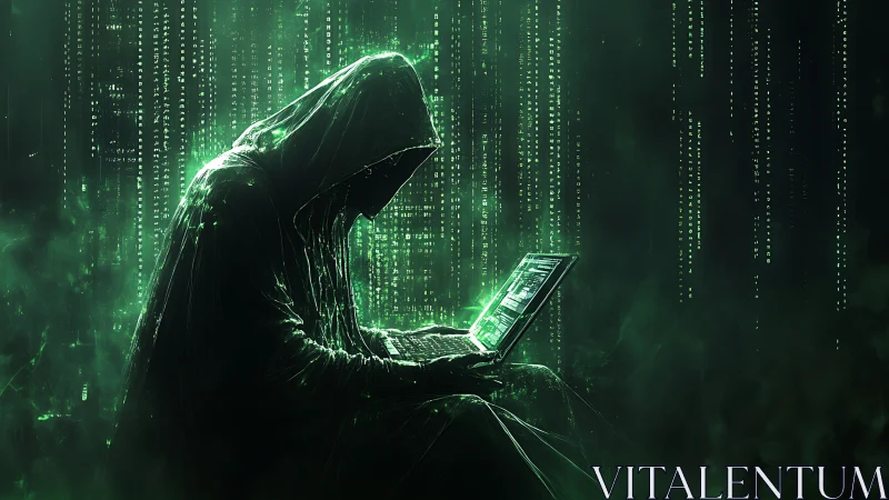 Hooded cyber figure at laptop in green digital code field.
