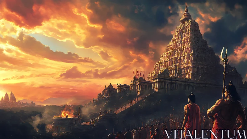 Sunset pilgrimage toward a towering golden-temple citadel.