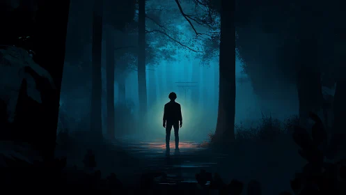 Silhouette stands in dim forest corridor under blue backlight